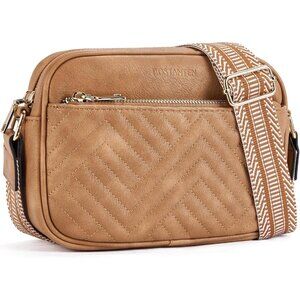 Bostanten Women Camel PU leather Small Quilted Crossbody Bags With Wide Strap